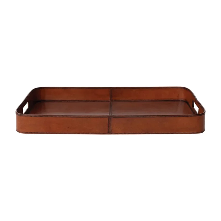 Decorative Leather Tray with Stitching & Handles - Image 2
