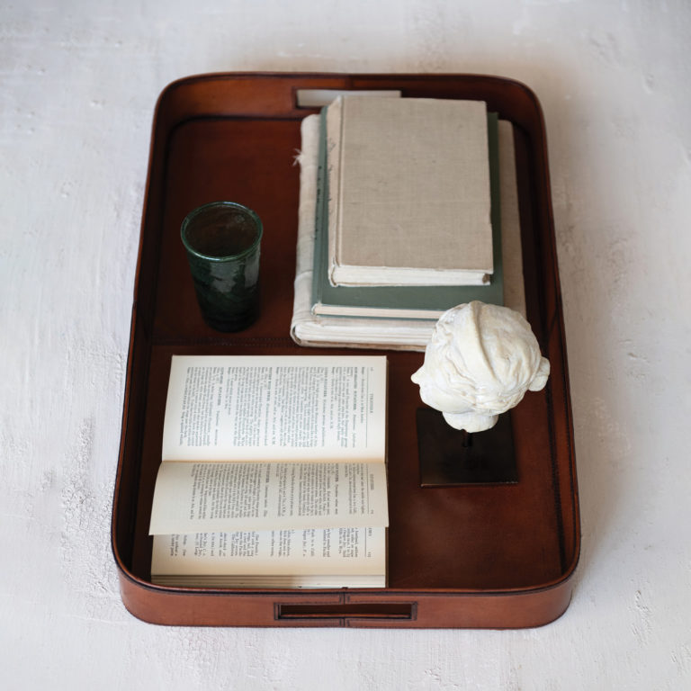 Decorative Leather Tray with Stitching & Handles - Image 4