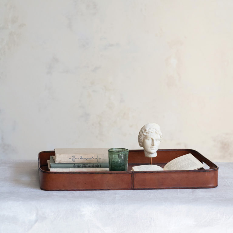 Decorative Leather Tray with Stitching & Handles - Image 3