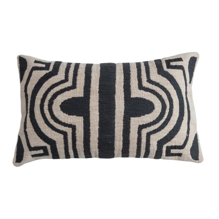 Cotton Slub Lumbar Pillow with Embroidered Tribal Design