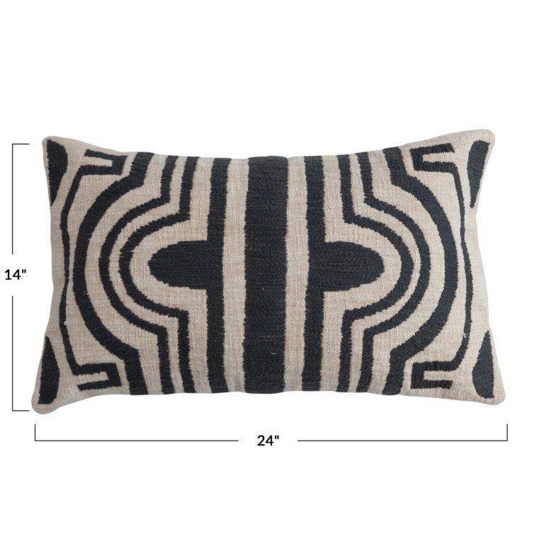 Cotton Slub Lumbar Pillow with Embroidered Tribal Design - Image 2
