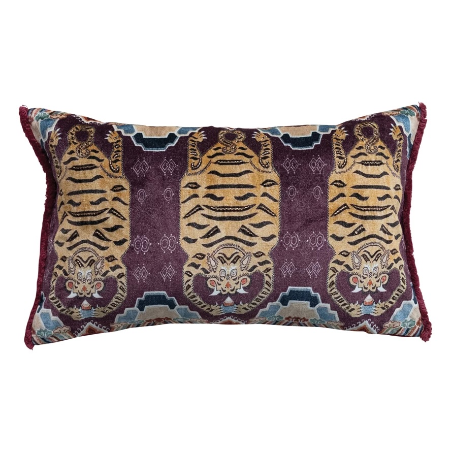 Cotton Blend Lumbar Pillow w Tibetan Tigers