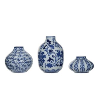 Set of 3 Stoneware Vases, Blue & White