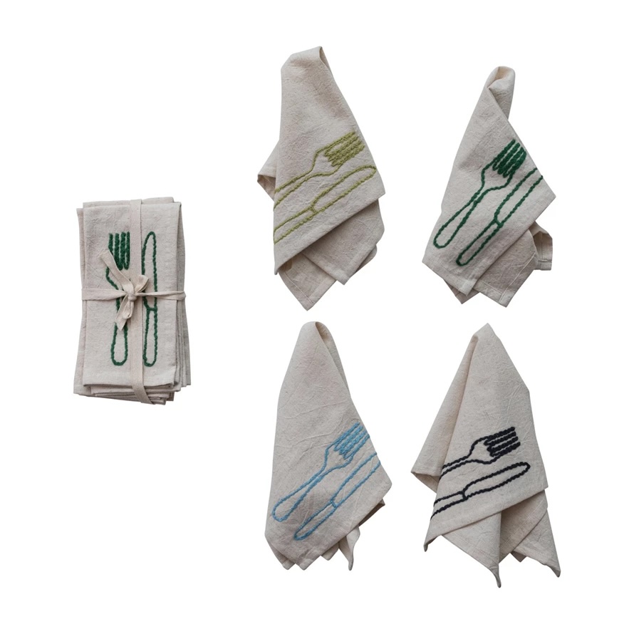 Set of 4 Cotton & Linen Embroidered Napkins w Utensils