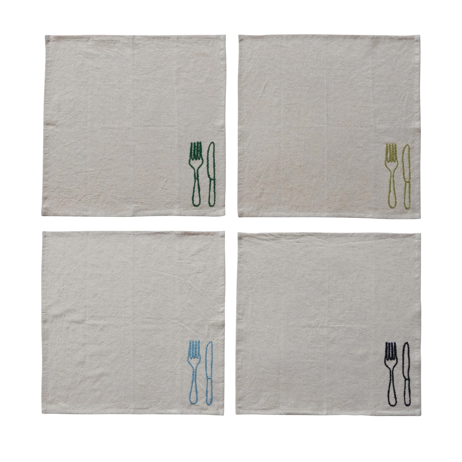Set of 4 Cotton & Linen Embroidered Napkins w Utensils - Image 2