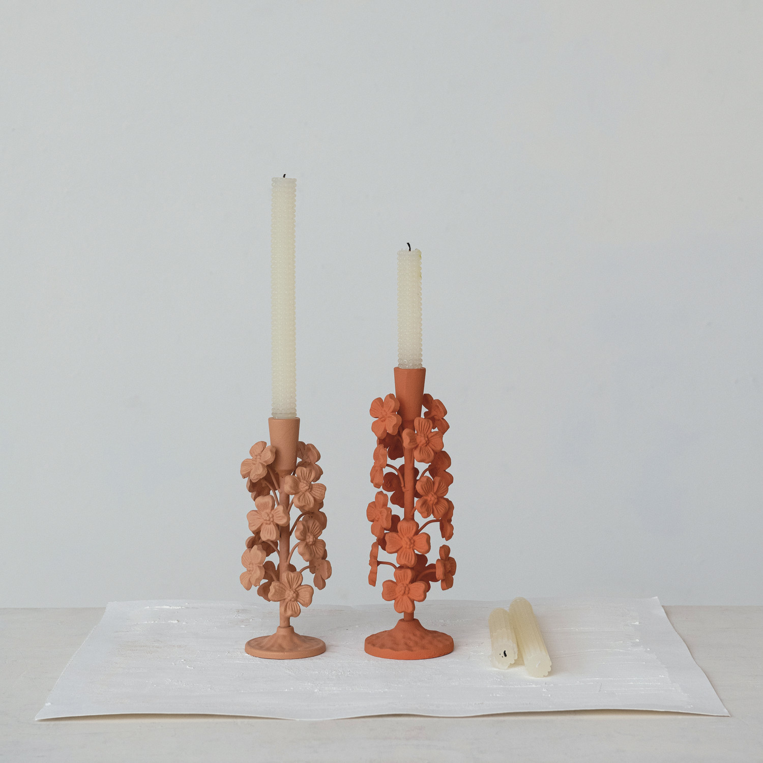 Cast Iron Flowers Taper Holder, Apricot Color - Image 3