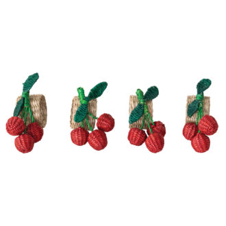Woven Seagrass Cherry Napkin Rings, Red, Green & Natural, Set of 4 Tied w/ Seagrass