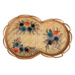 Decorative Rattan & Bamboo Scalloped Tray w/ Printed Florals
