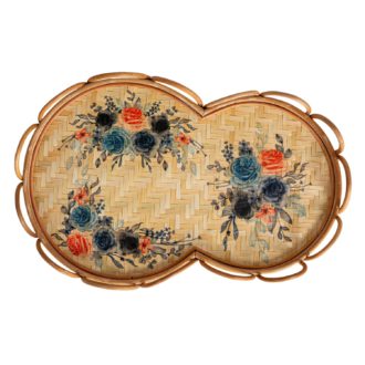 Decorative Rattan & Bamboo Scalloped Tray w/ Printed Florals