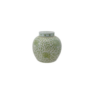 Decorative Hand-Painted Stoneware Ginger Jar w/ Floral Pattern, Green & White