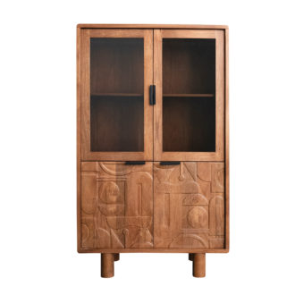 Carved Wood Cabinet with 2 Glass Top Doors, 2 Bottom Doors & 4 Shelves, KD