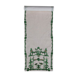 Woven Cotton Slub Table Runner with Embroidery, Cream Color & Green