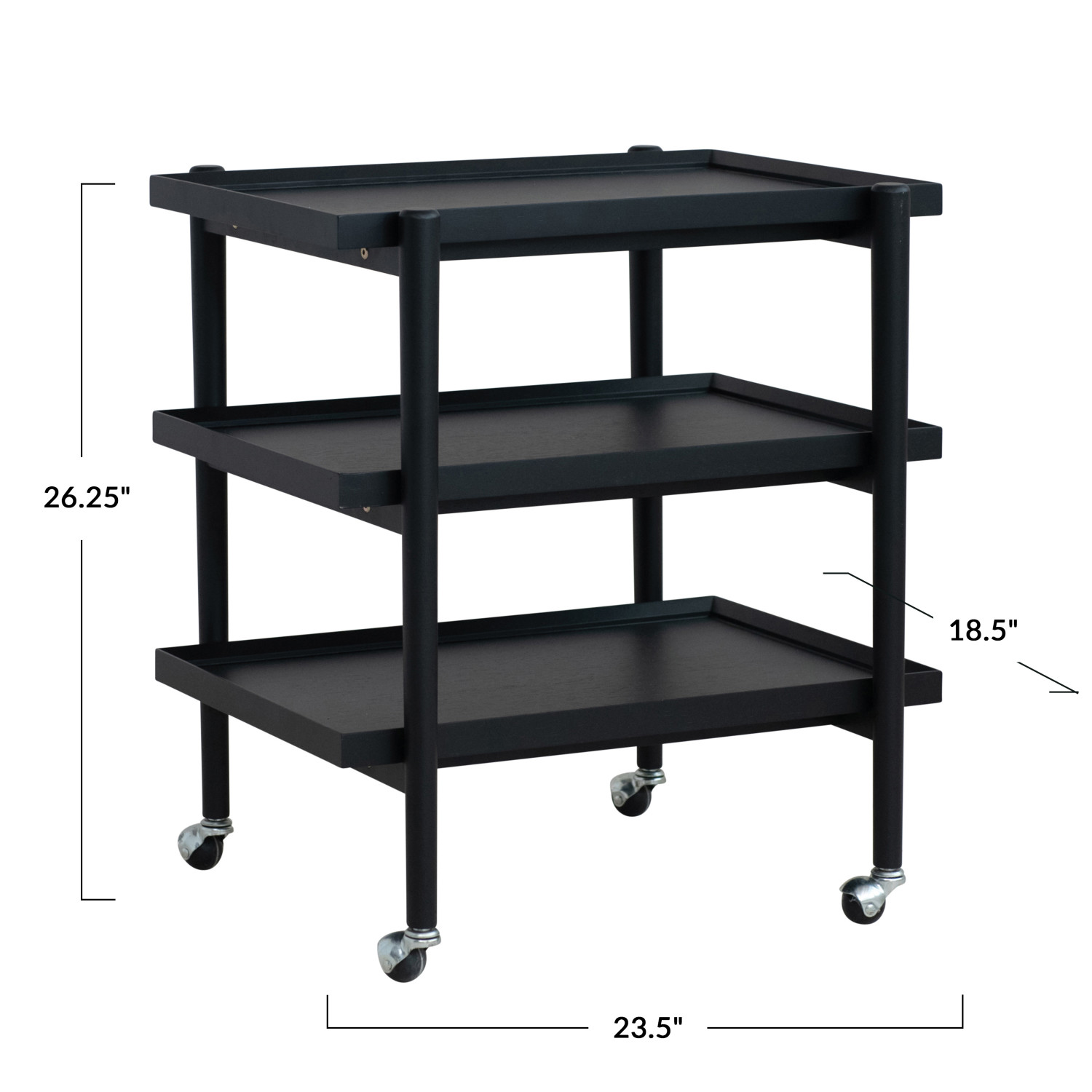 Rubberwood 3-Tier Bar Cart on Casters w/ Removable Tray/Shelf, Black, KD - Image 2