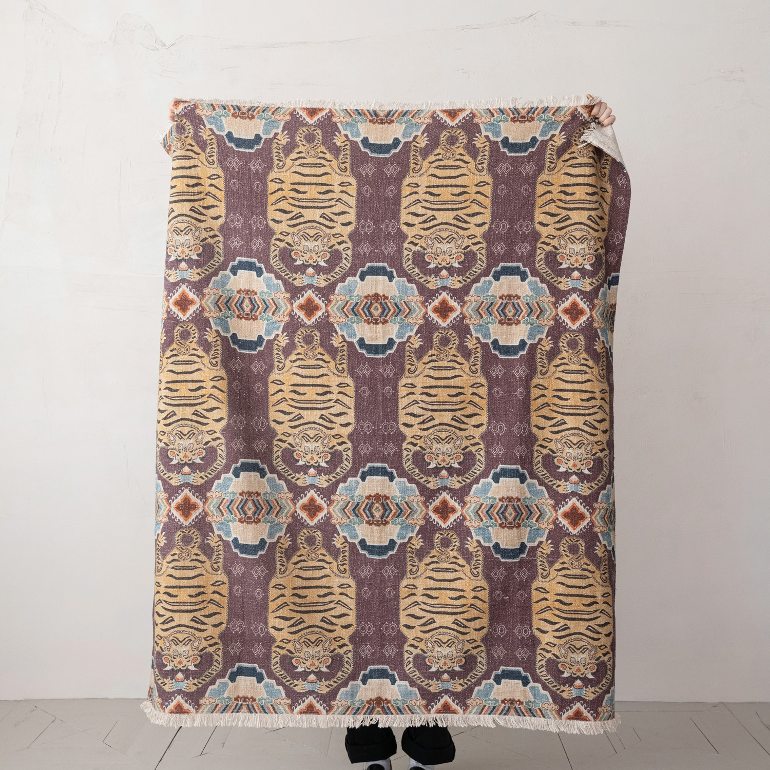 Cotton Slub Printed Throw w/ Tibetan Tigers Pattern & Fringe - Image 3