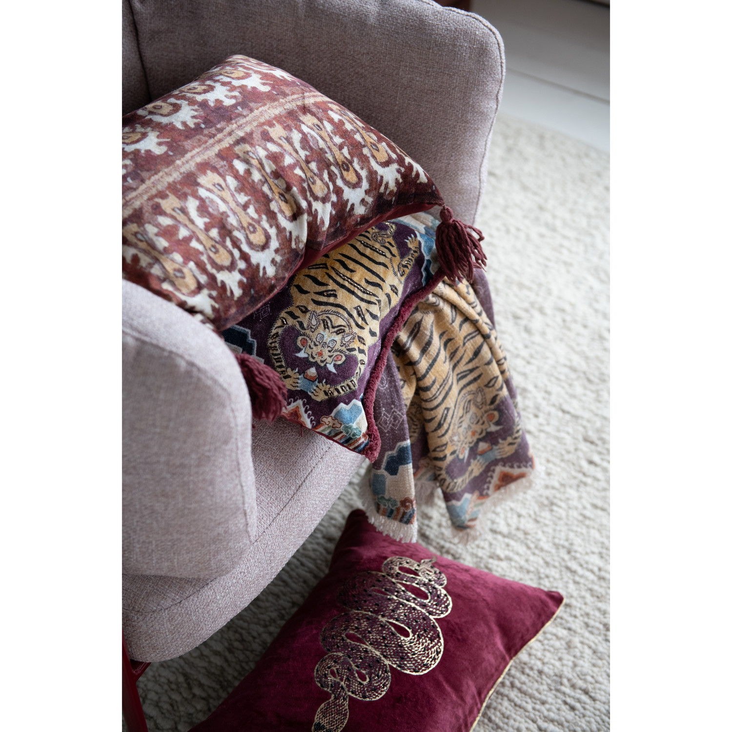 Cotton Slub Printed Throw w/ Tibetan Tigers Pattern & Fringe - Image 2