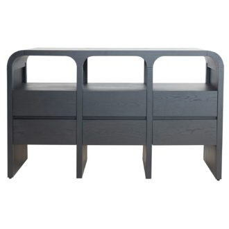 Rubberwood & Oak Wood Veneer Console Table with 3 Shelves & 6 Drawers, Black