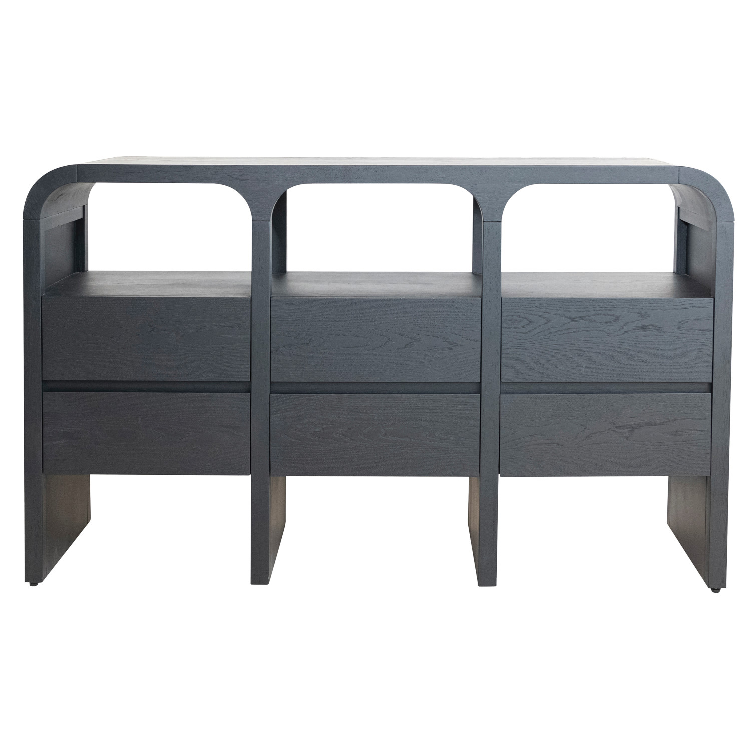 Rubberwood & Oak Wood Veneer Console Table with 3 Shelves & 6 Drawers, Black