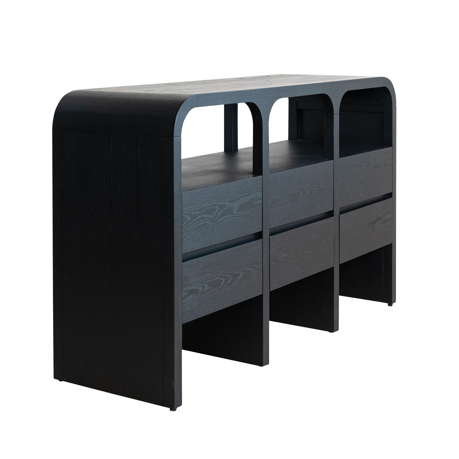 Rubberwood & Oak Wood Veneer Console Table with 3 Shelves & 6 Drawers, Black - Image 4
