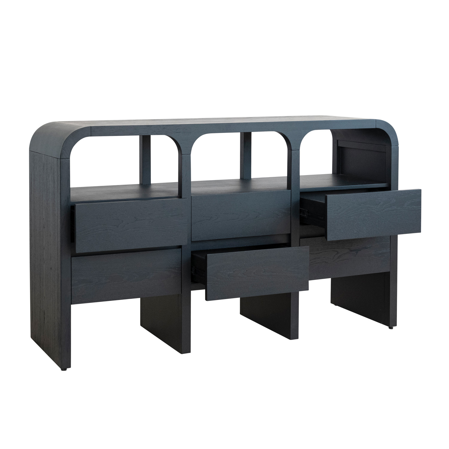 Rubberwood & Oak Wood Veneer Console Table with 3 Shelves & 6 Drawers, Black - Image 3