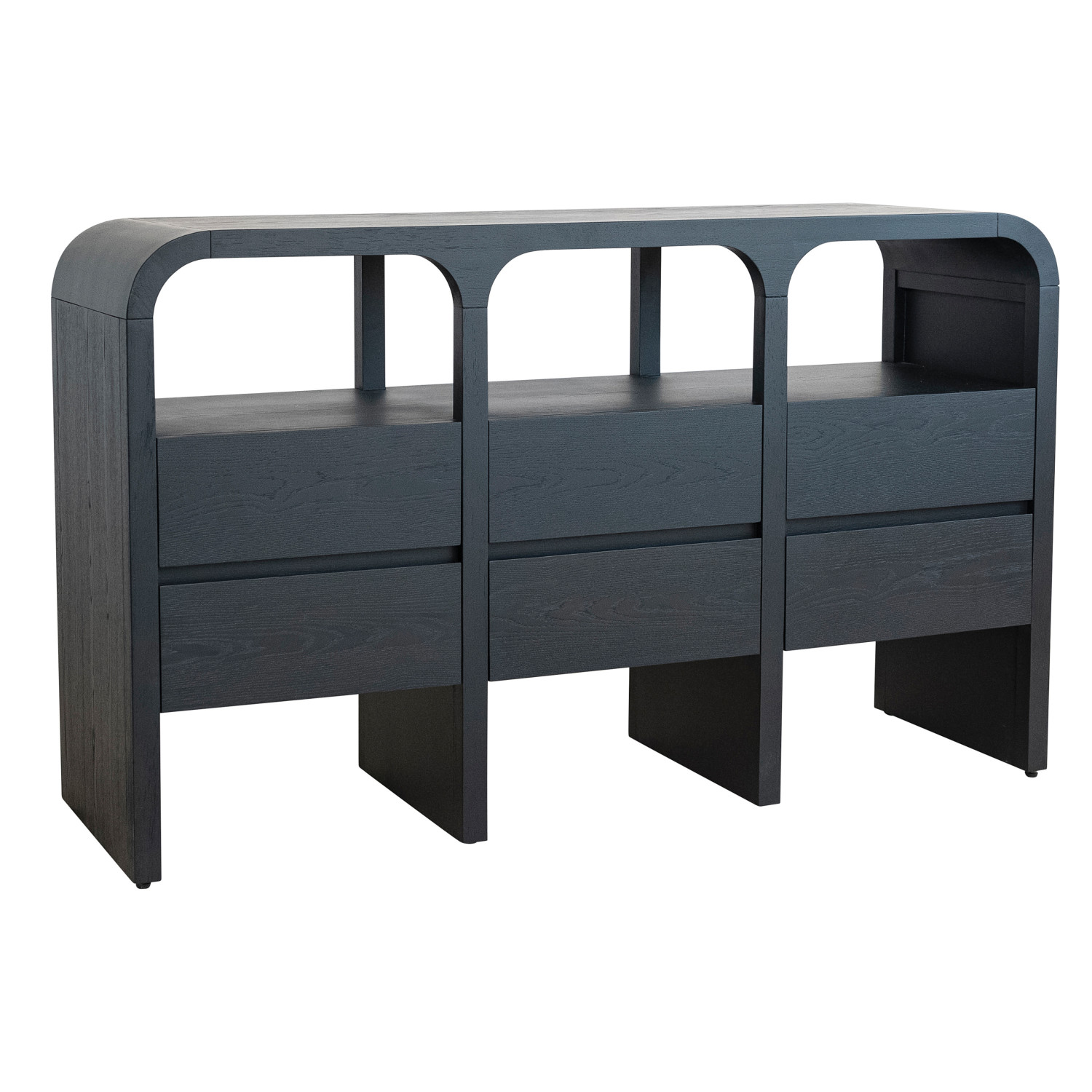 Rubberwood & Oak Wood Veneer Console Table with 3 Shelves & 6 Drawers, Black - Image 2