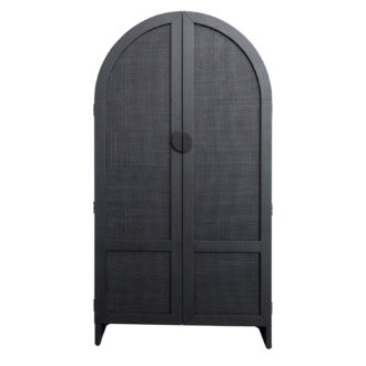Rubberwood & Oak Wood Veneer Arched Cabinet with 2 Cane Doors & 3 Shelves, Black