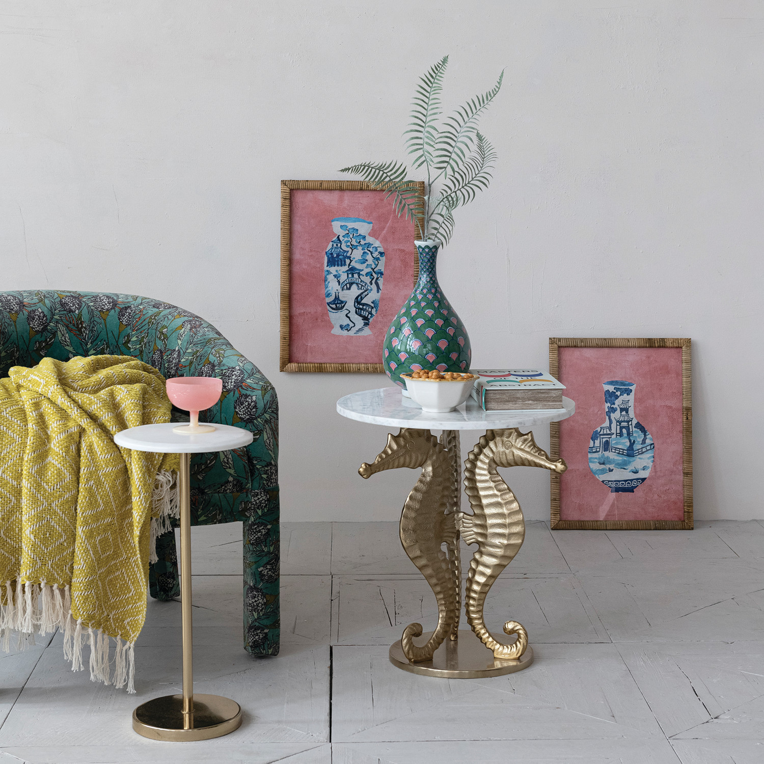 Metal Martini Table with Marble Top, Gold Finish & White, KD - Image 2