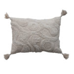 Cotton Tufted Lumbar Pillow with Design & Tassels, Cream Color