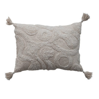 Cotton Tufted Lumbar Pillow with Design & Tassels, Cream Color