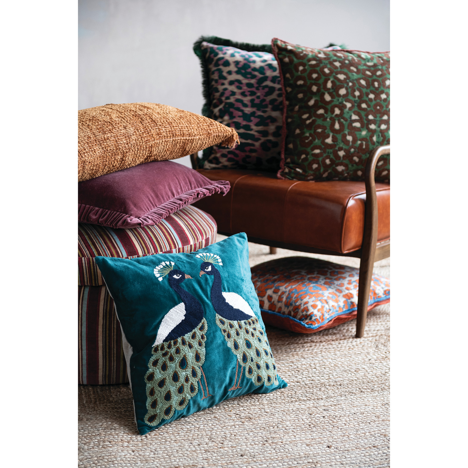 20" Square Cotton Velvet Pillow with Leopard Print Pattern & Tufted Fringe - Image 2