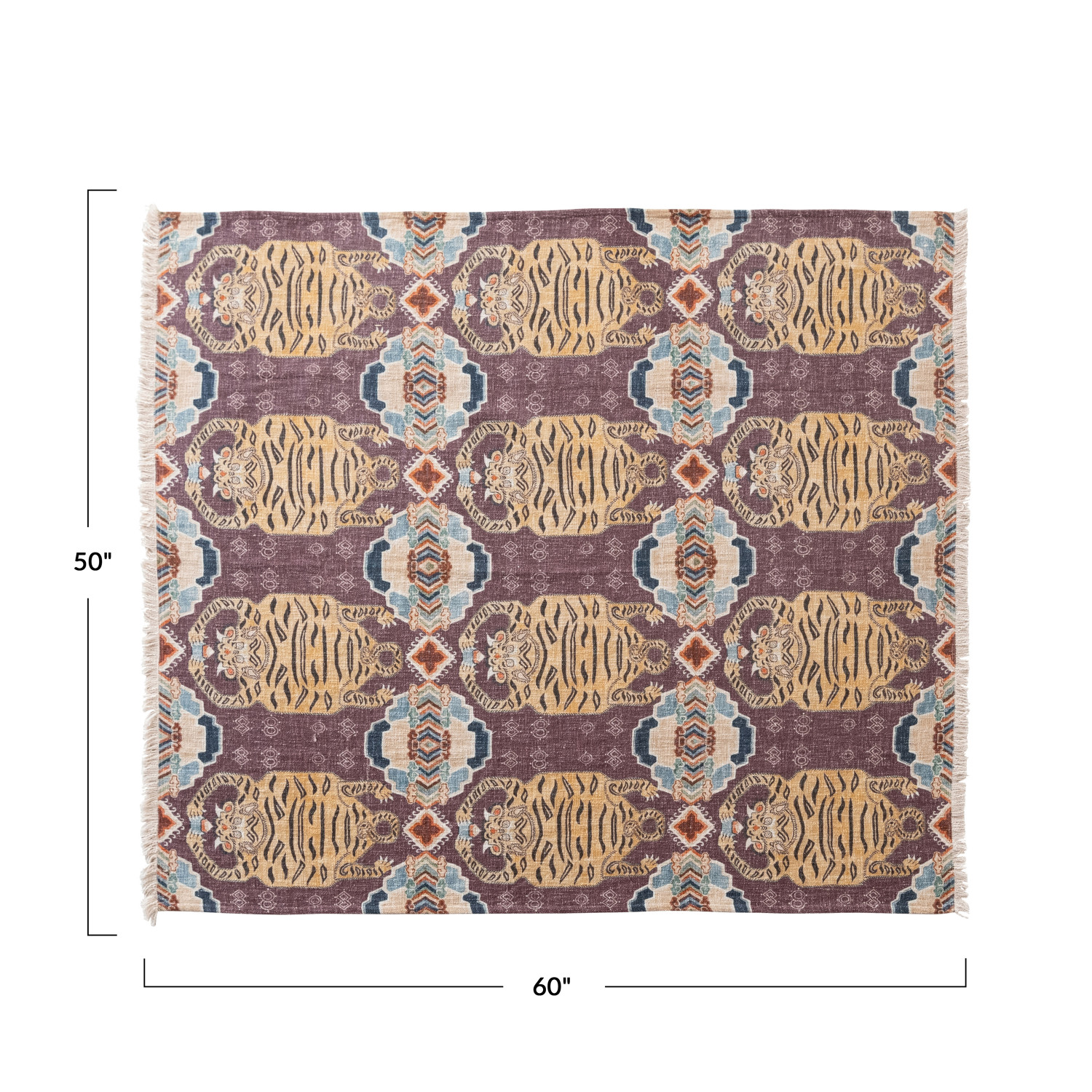Cotton Slub Printed Throw w/ Tibetan Tigers Pattern & Fringe - Image 3