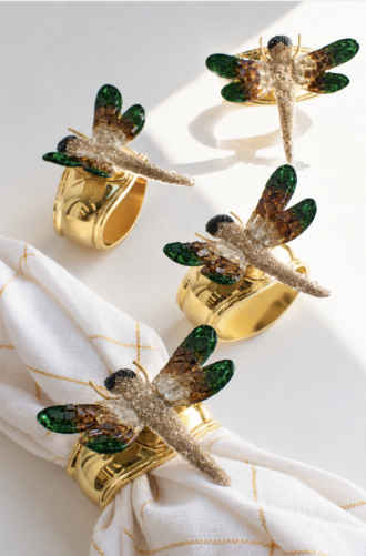 GREEN DRAGON FLY / GOLD RING (SET OF 4)
